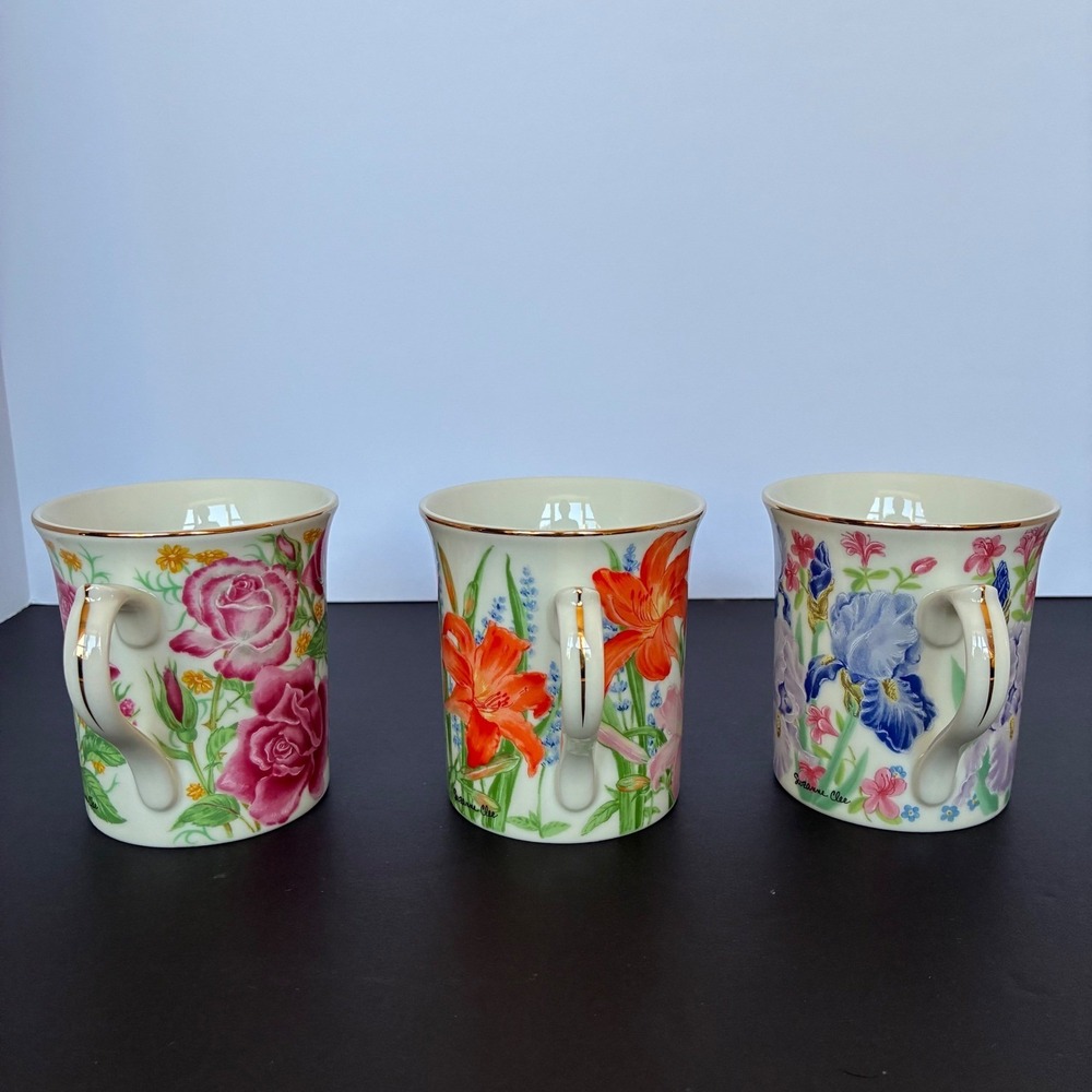 Lenox Mug Set 3pc Flower Blossom Fine Porcelain Gold Trim 1995 Cottage Tea Party - Picture 6 of 11